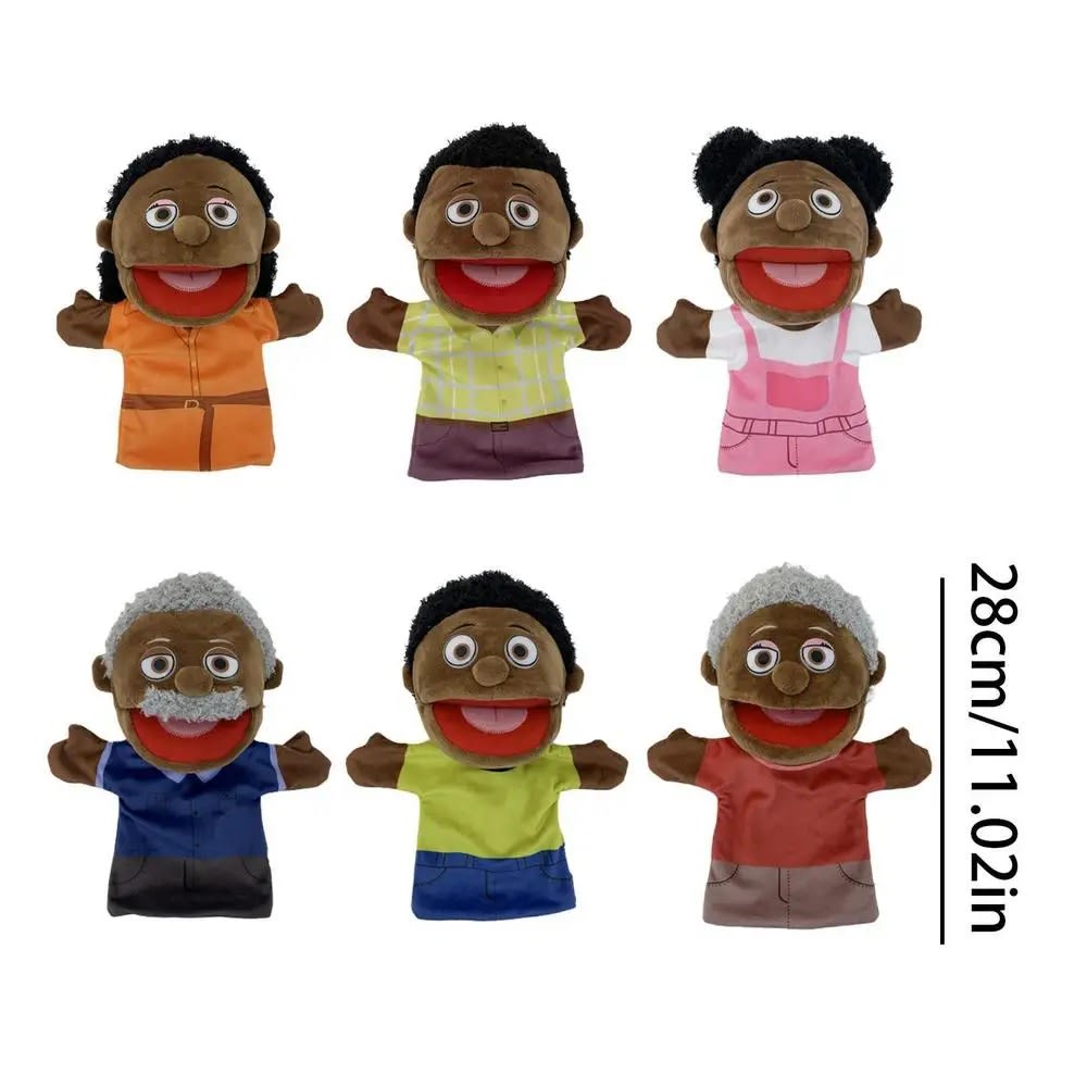 6pcs Family Hand Puppet Set - Black Skin, Open Mouth, Parent-Child Educational Teaching Dolls